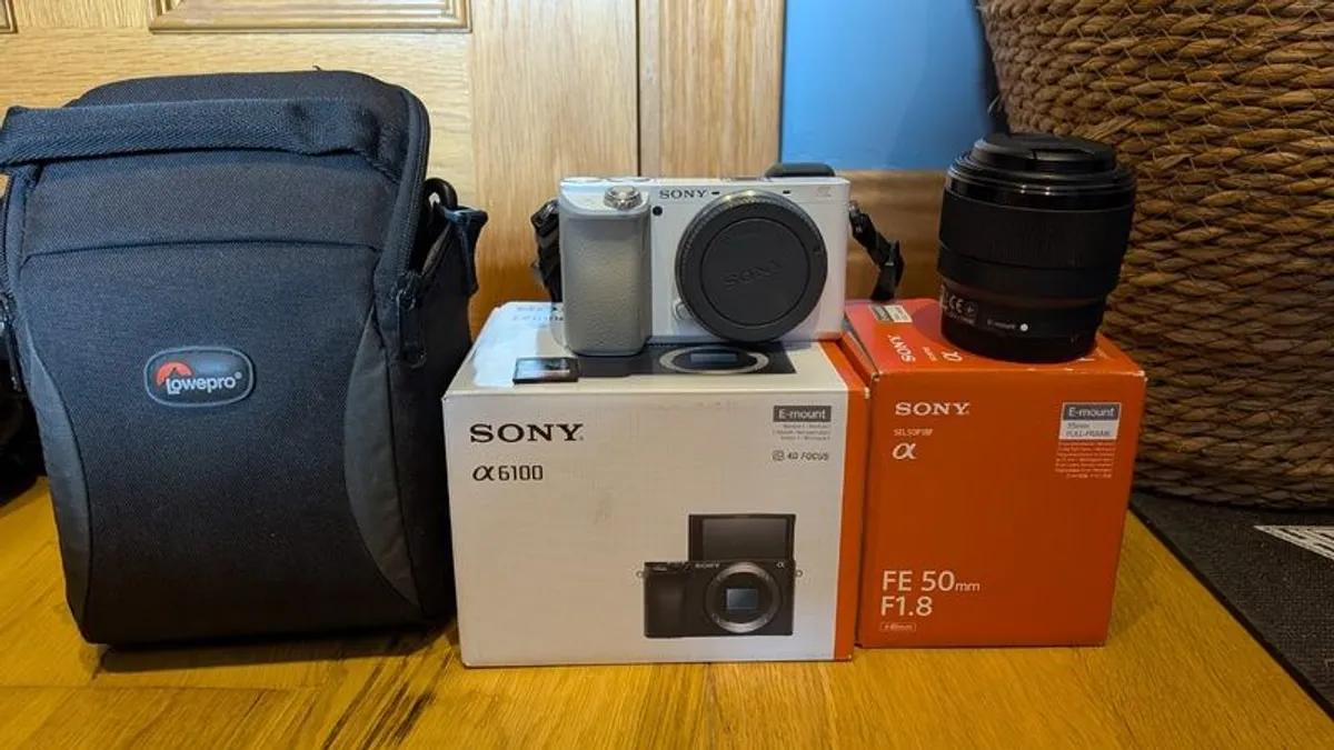 White Sony A6100 + Sony 50mm F1.8 Lens, Lowepro Bag & SD Card - Image 2