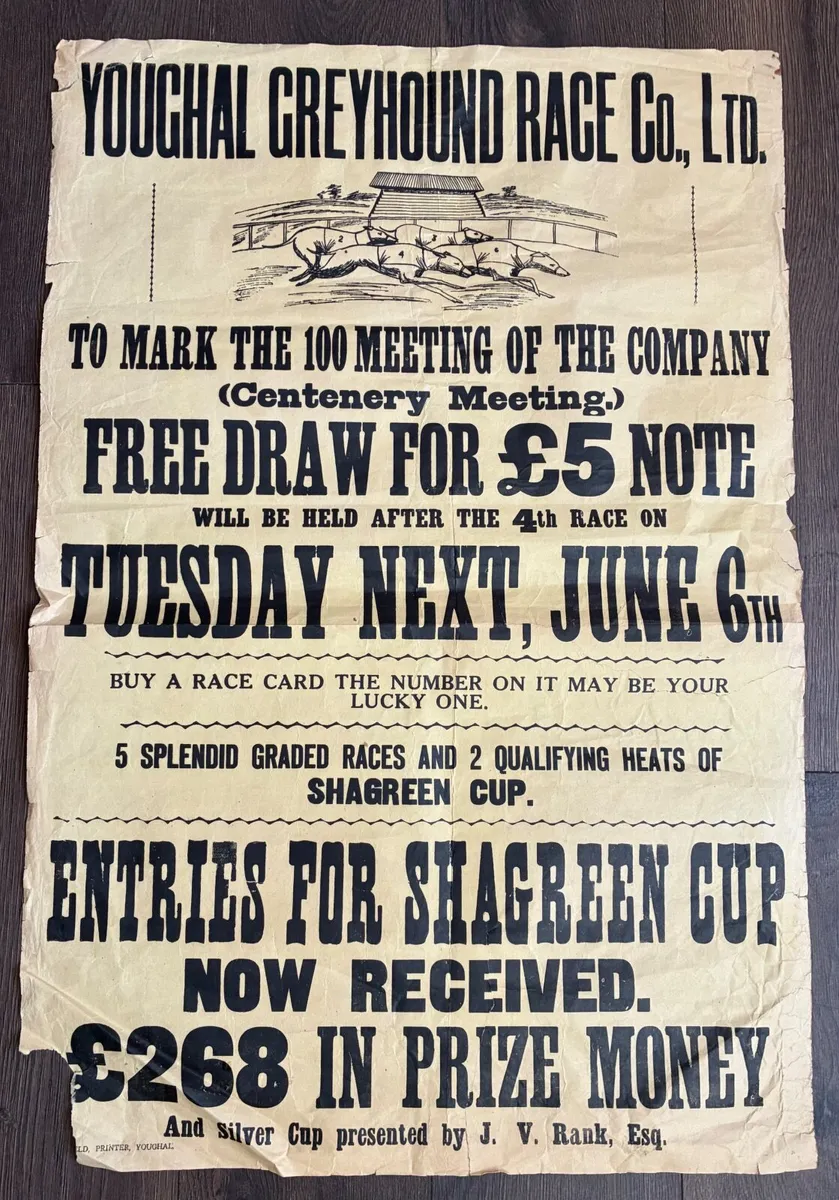 RARE ORIGINAL YOUGHAL GREYHOUND RACING POSTER 50’s - Image 1