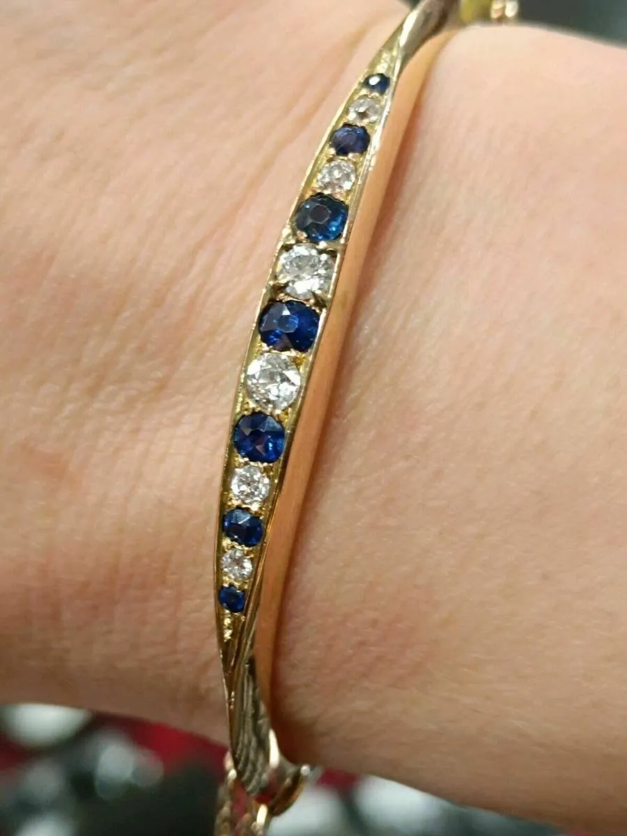Antique 15k Rose Gold Diamond & Sapphire Bangle - Image 2