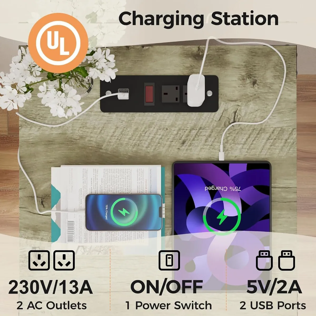 Bedside Table with Charging Station 2 Ac Outlets - Image 4