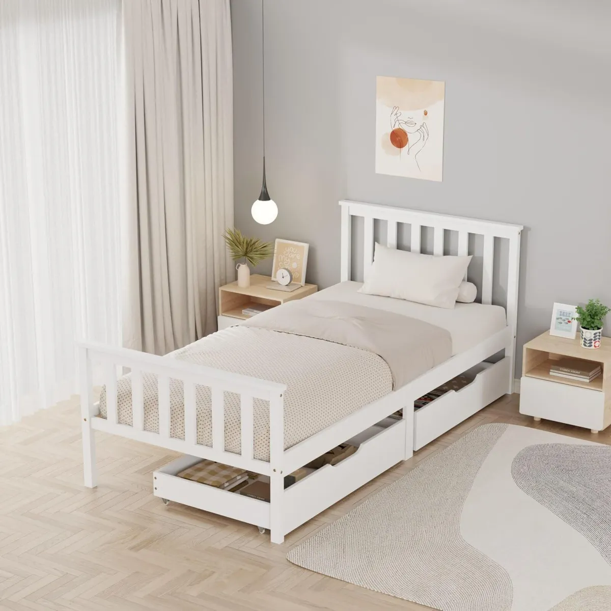 Wooden Bed Frame with Storage Drawers Sturdy Base - Image 1