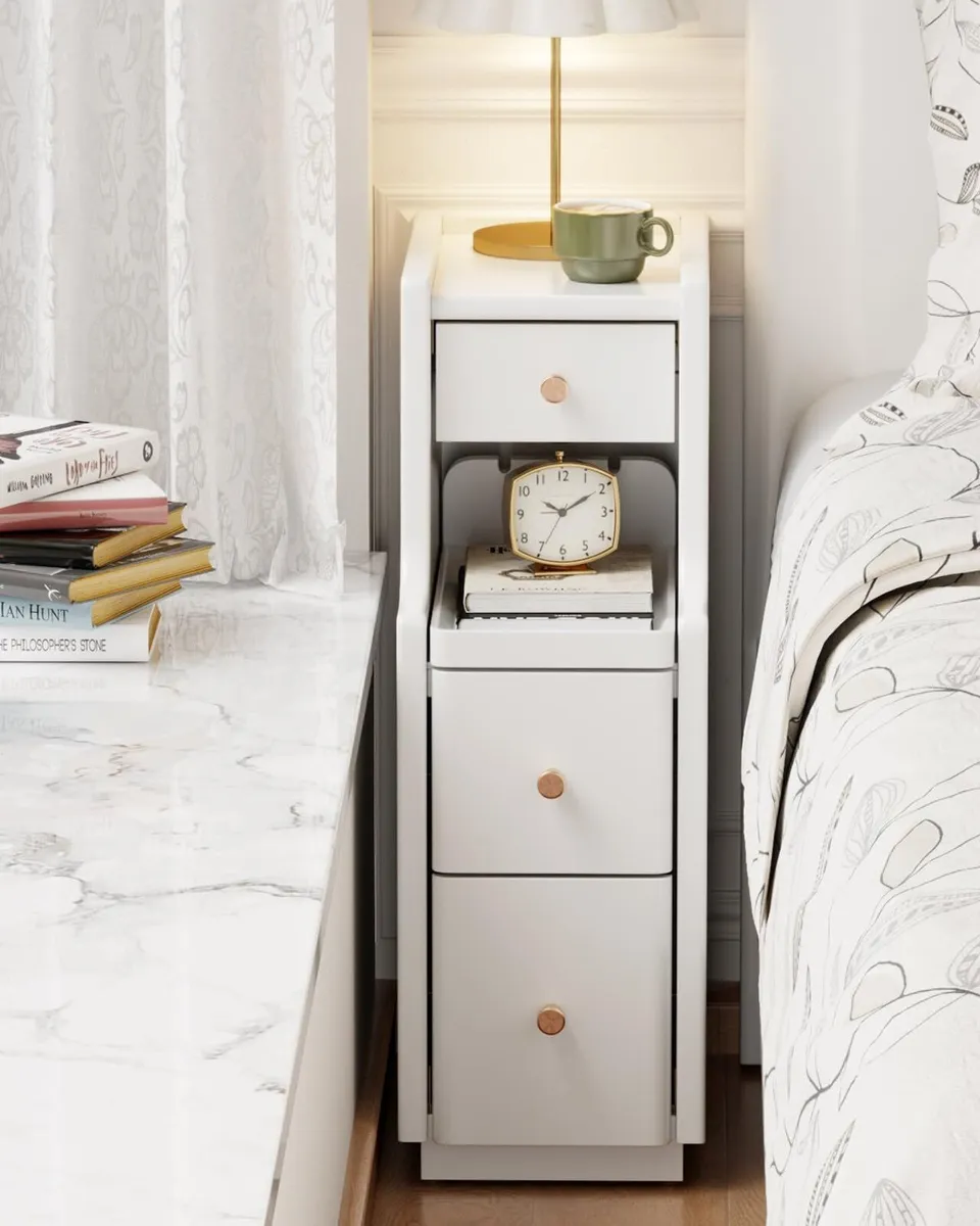 Slim Bedside Table with 3 Drawers and Shelf - Image 1