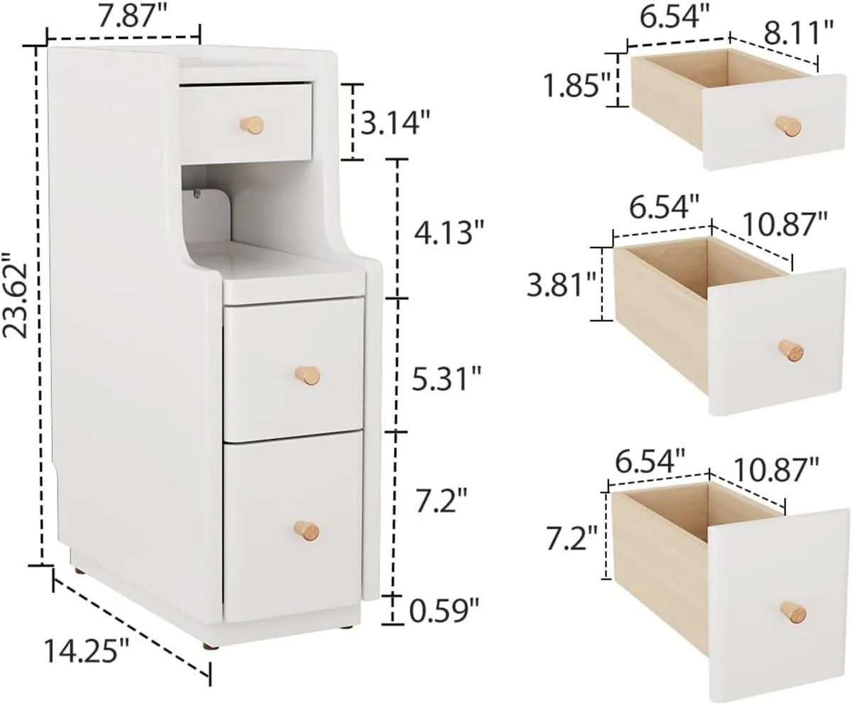 Slim Bedside Table with 3 Drawers and Shelf - Image 2