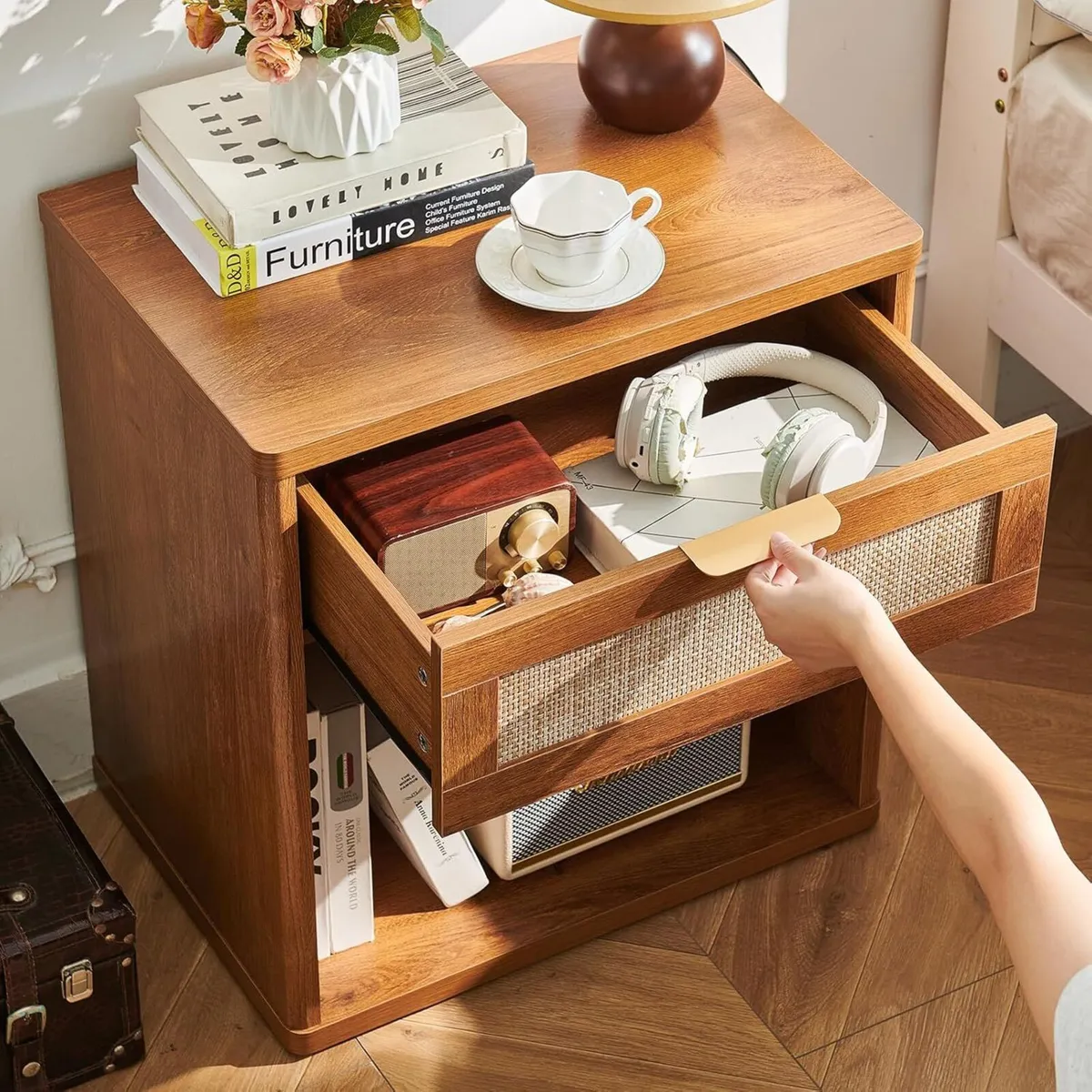 Rattan Bedside Table Farmhouse Side with 1 Drawer - Image 1