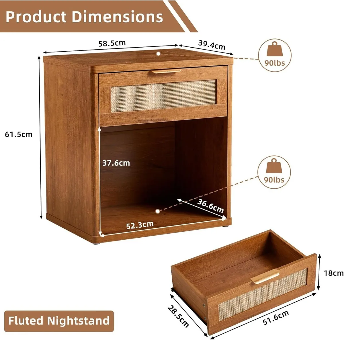 Rattan Bedside Table Farmhouse Side with 1 Drawer - Image 2