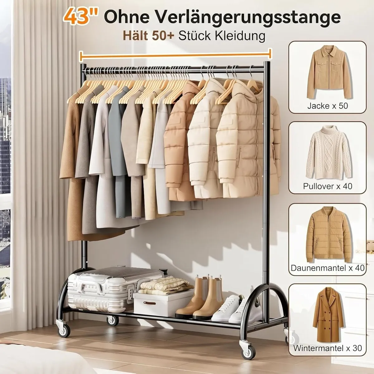 Heavy Duty Clothes Rail with Wheels and Shelf - Image 3