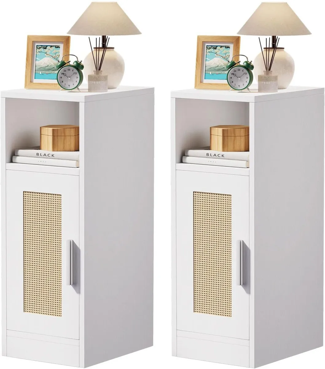 Slim Bedside Table Rattan Nightstand Natural Wood - Image 1