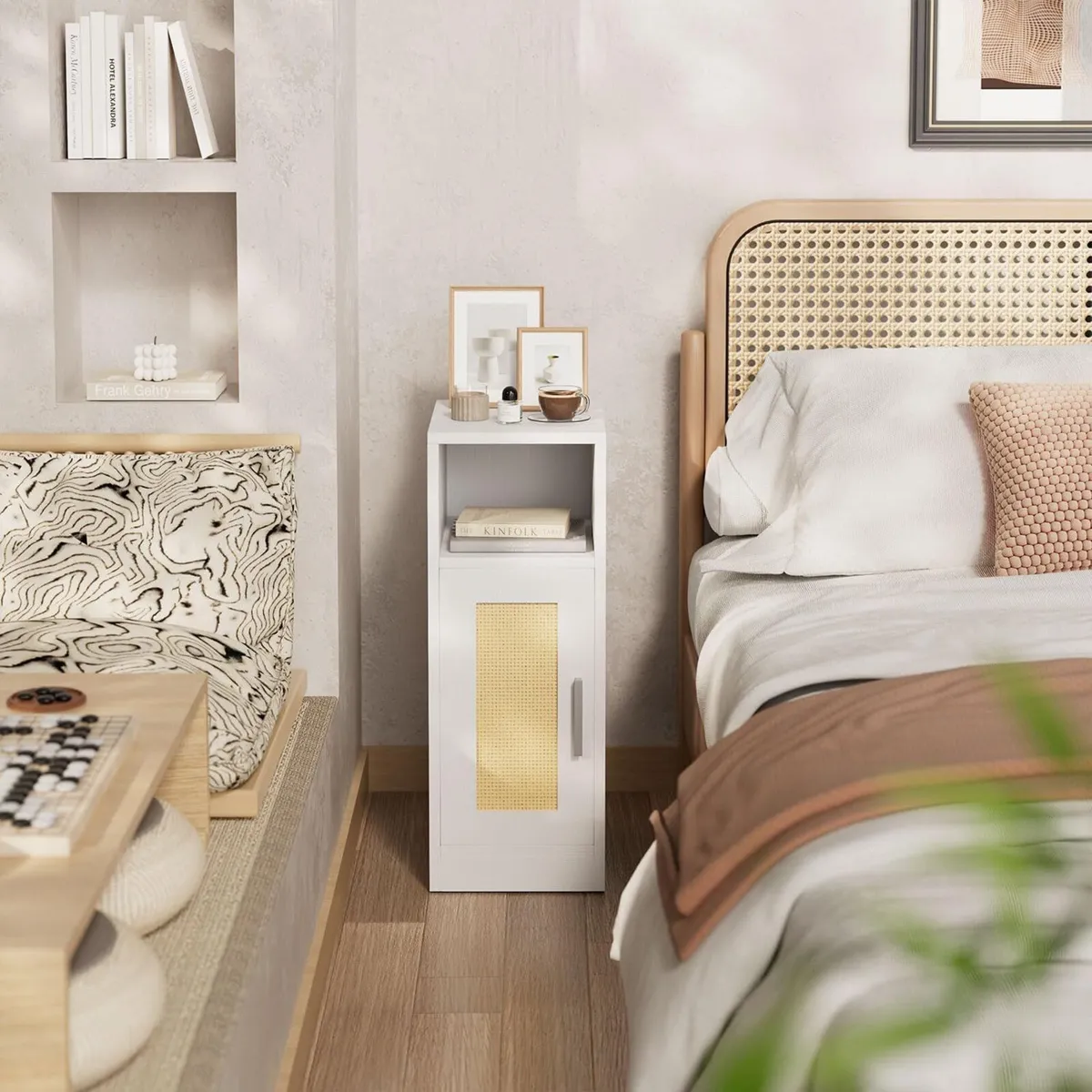 Slim Bedside Table Rattan Nightstand Natural Wood - Image 2