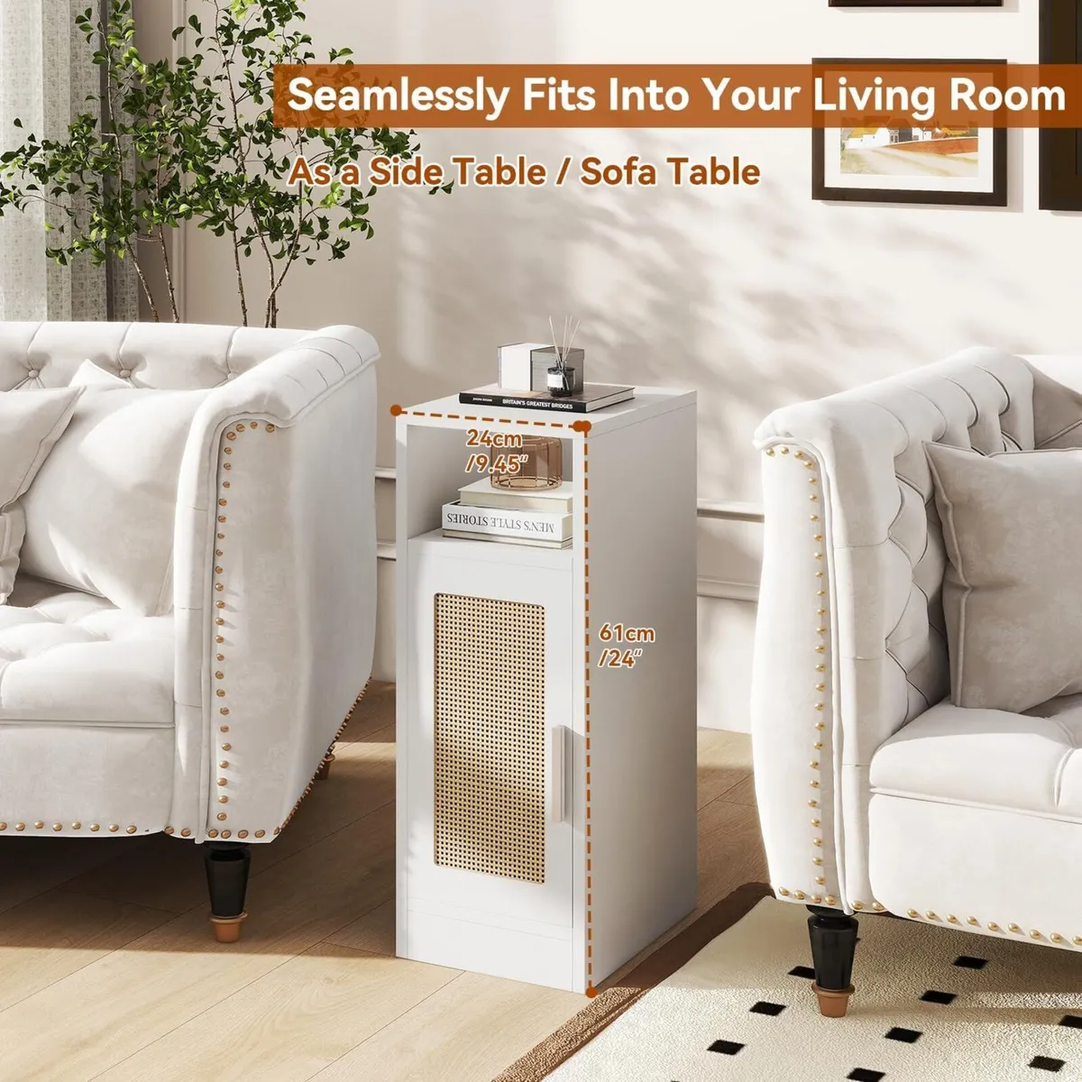 Slim Bedside Table Rattan Nightstand Natural Wood - Image 4
