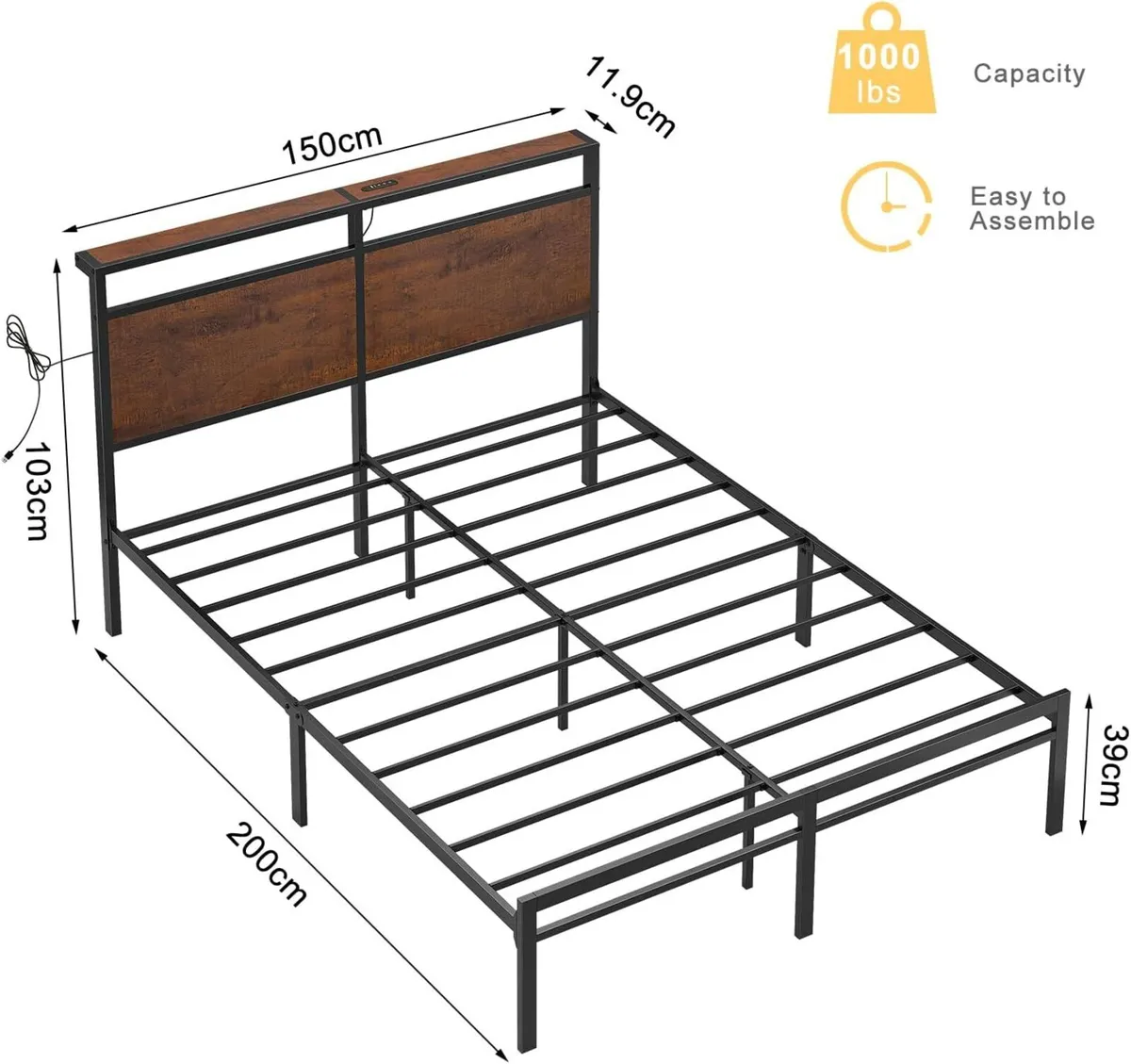 Bed Frame with LED Headboard Charging Station - Image 2