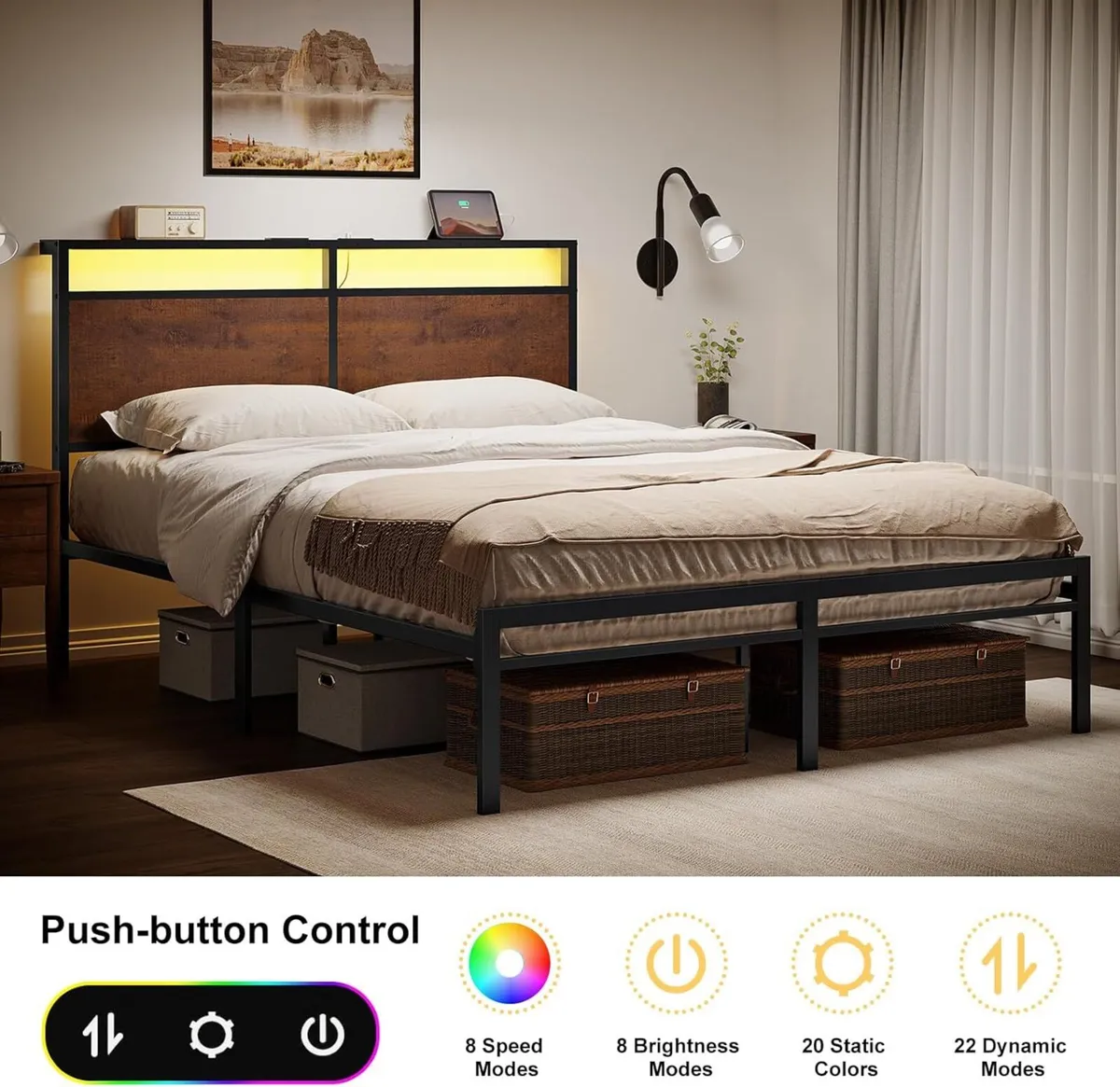 Bed Frame with LED Headboard Charging Station - Image 3