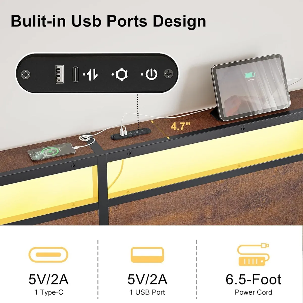 Bed Frame with LED Headboard Charging Station - Image 4