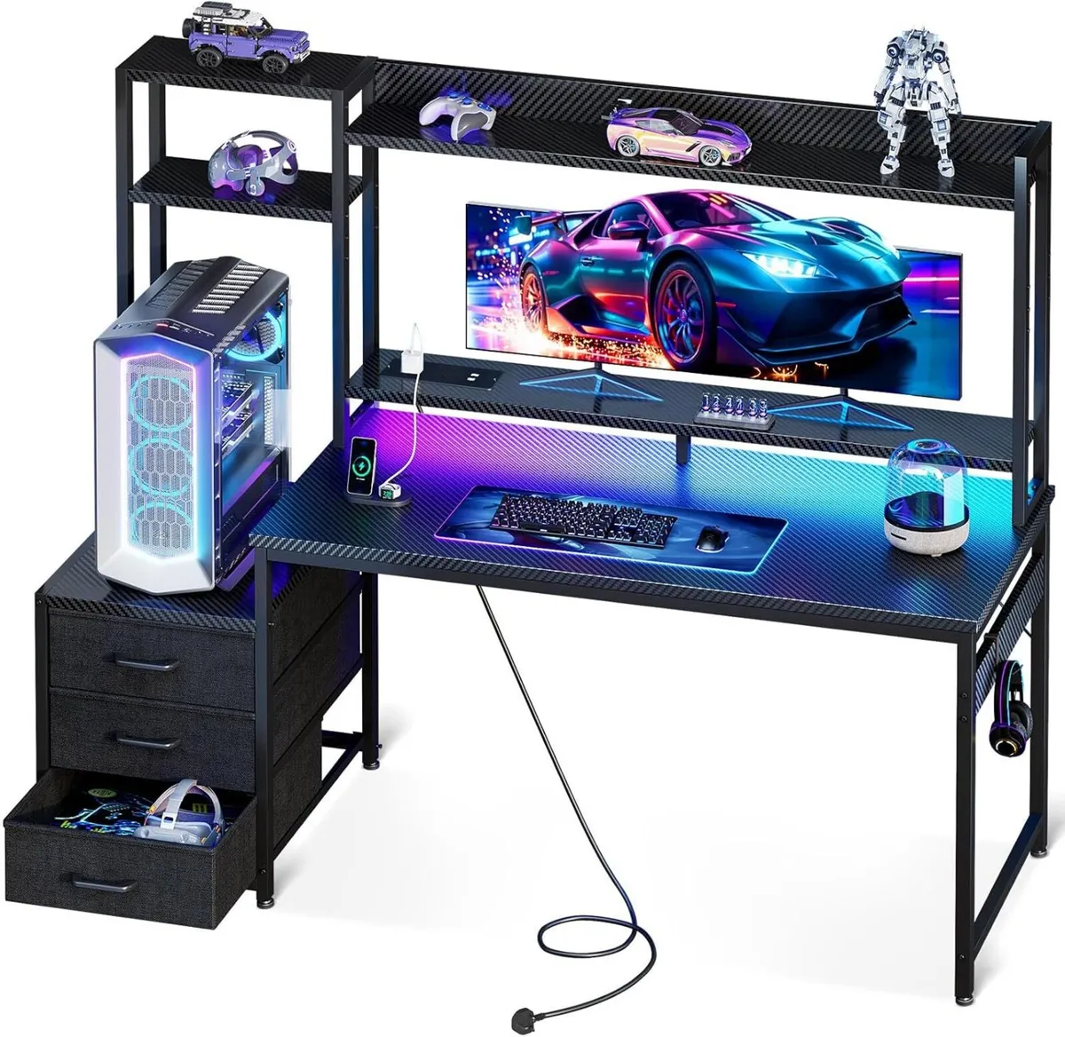 Gaming Desk with LED Lights Display Shelves Carbon - Image 1