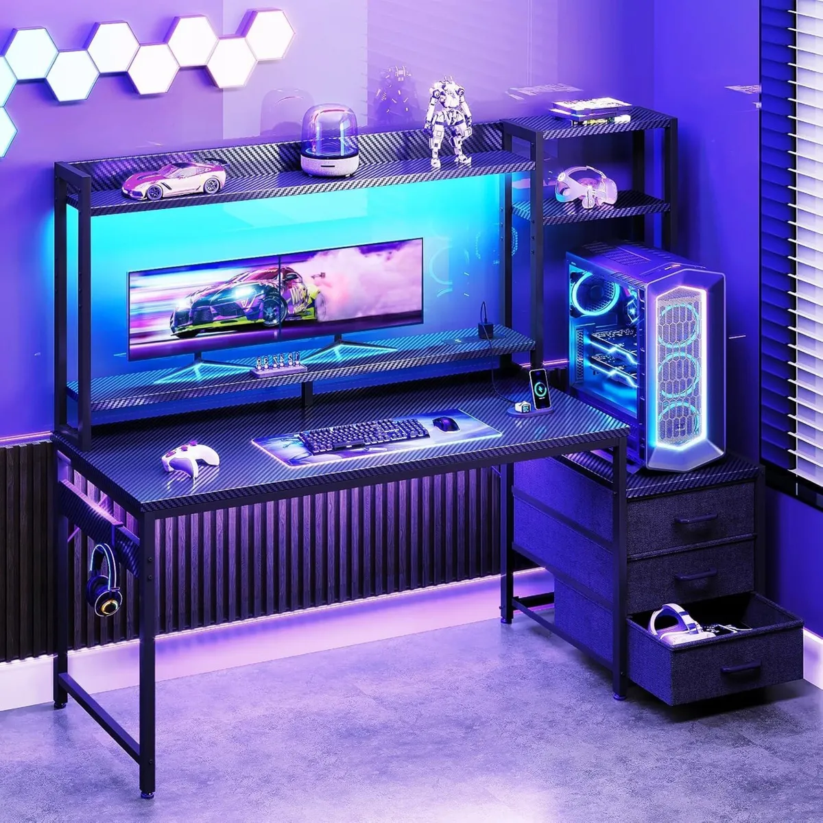 Gaming Desk with LED Lights Display Shelves Carbon - Image 2