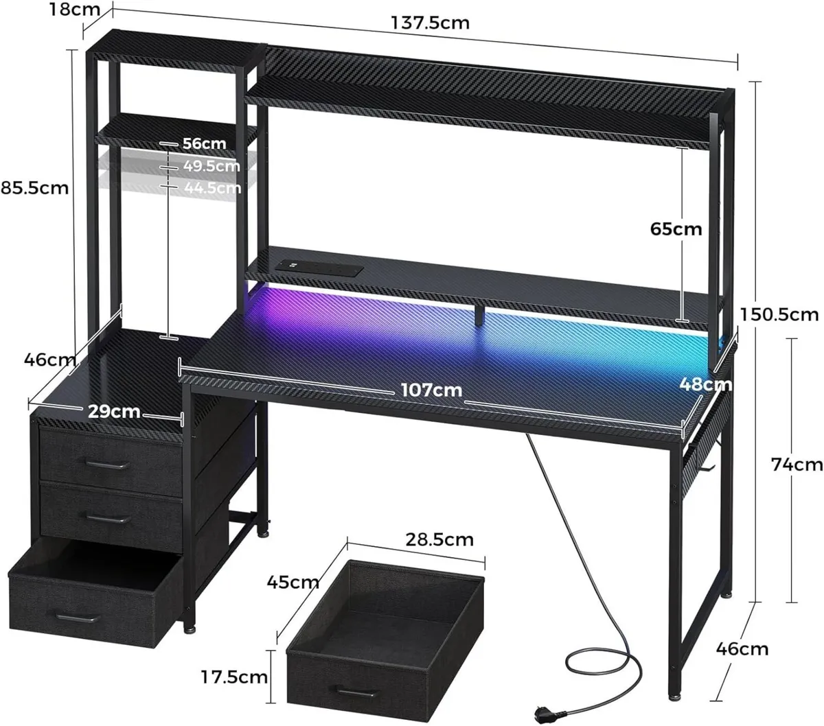 Gaming Desk with LED Lights Display Shelves Carbon - Image 3