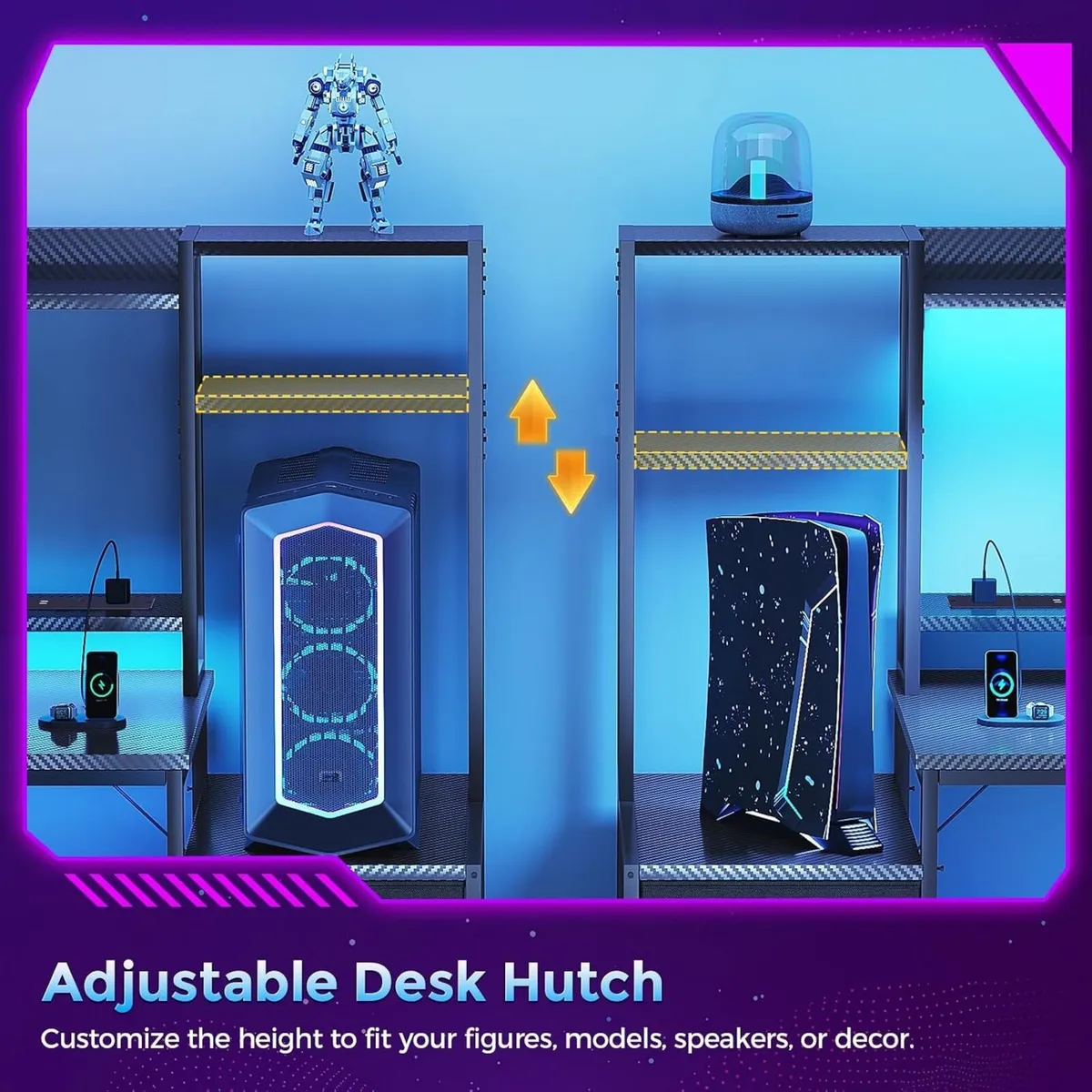 Gaming Desk with LED Lights Display Shelves Carbon - Image 4