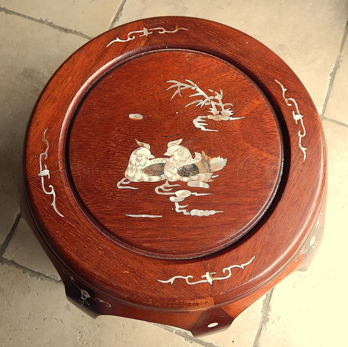 Mahogany Drum Stool with Mother of Pearl Inlay - Image 3