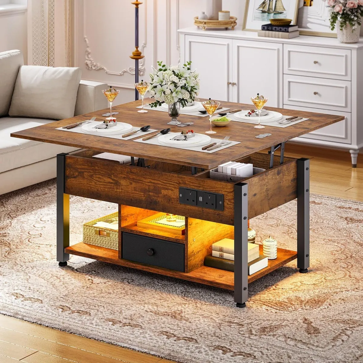 Folding Lift Top Coffee Table with Drawer 4-In-1 - Image 1