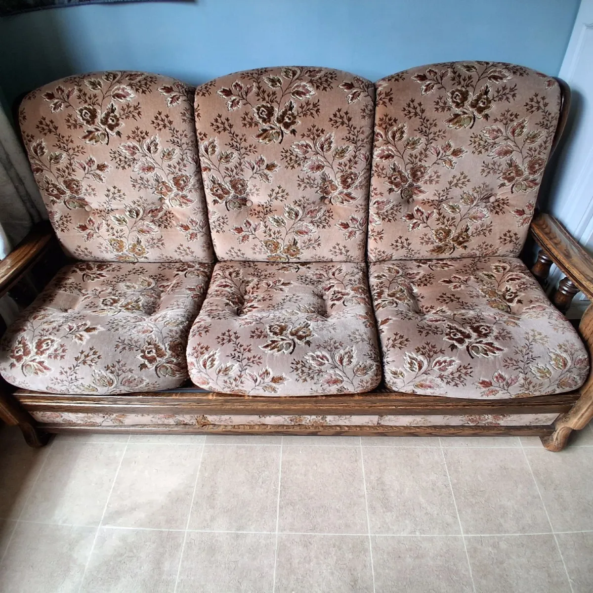 Vintage 3 Seater Wooden Frame Couch - Image 3