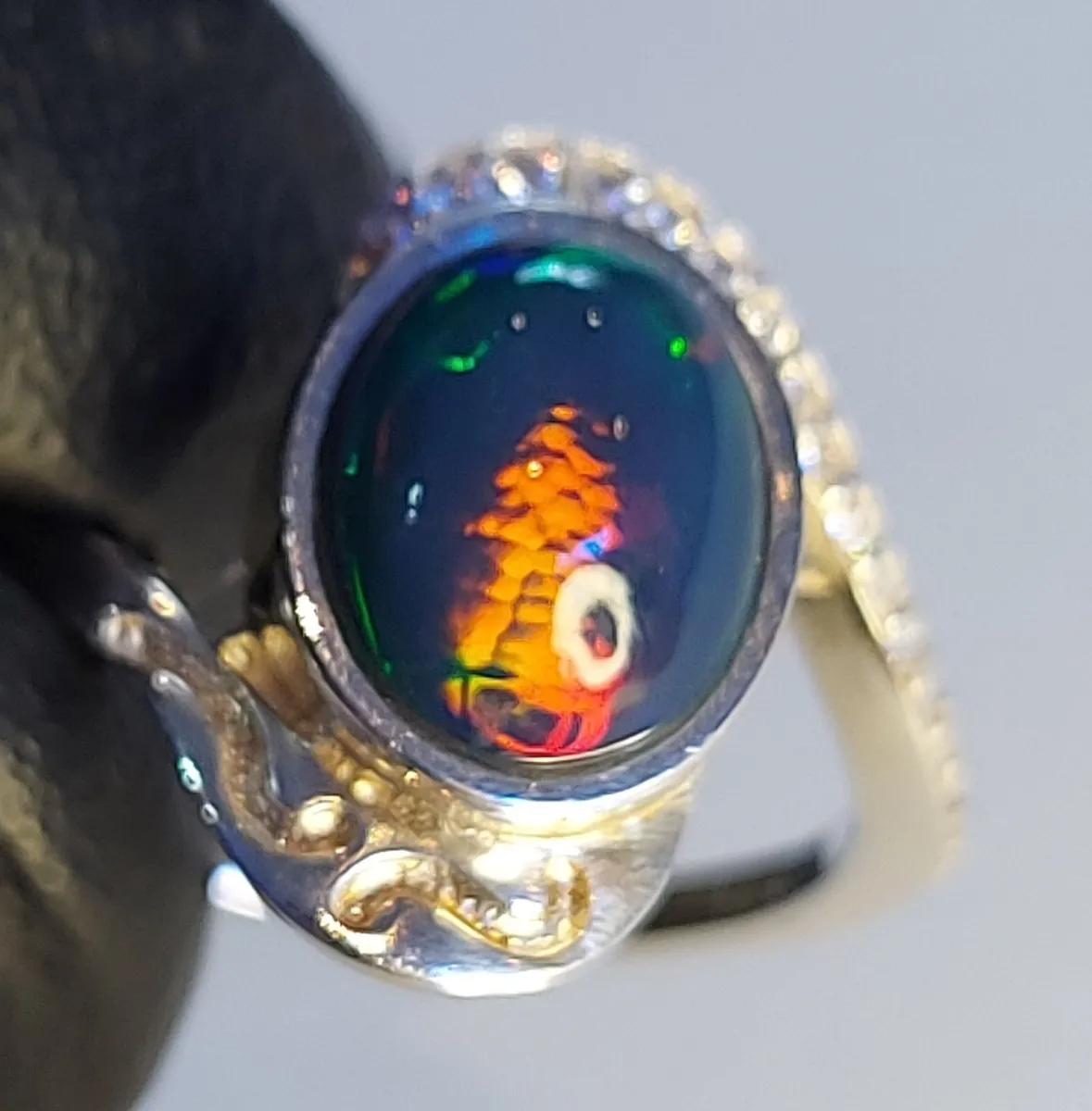 Ethiopian Black Opal 2.1 ct Silver Ring with cz - Image 1