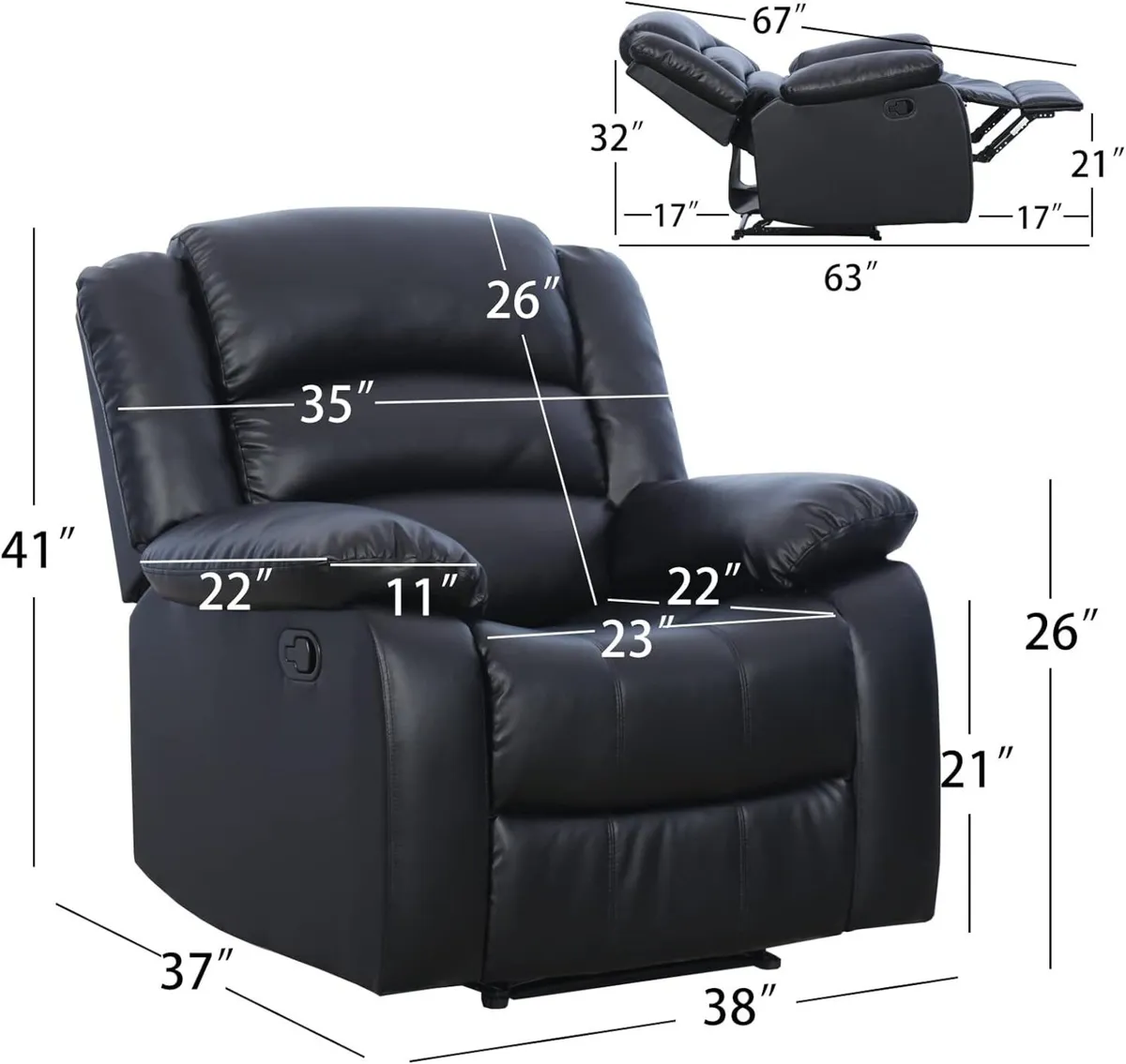Single Recliner Chair Leather, Black - Brand new - Image 4