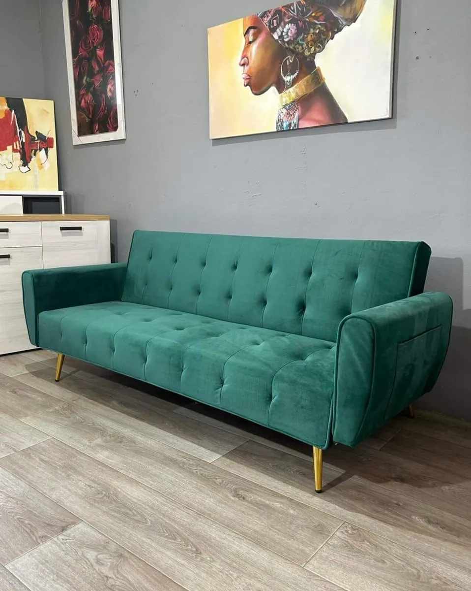 Luxury Velvet Sofa Bed with Golden Legs green - Image 2