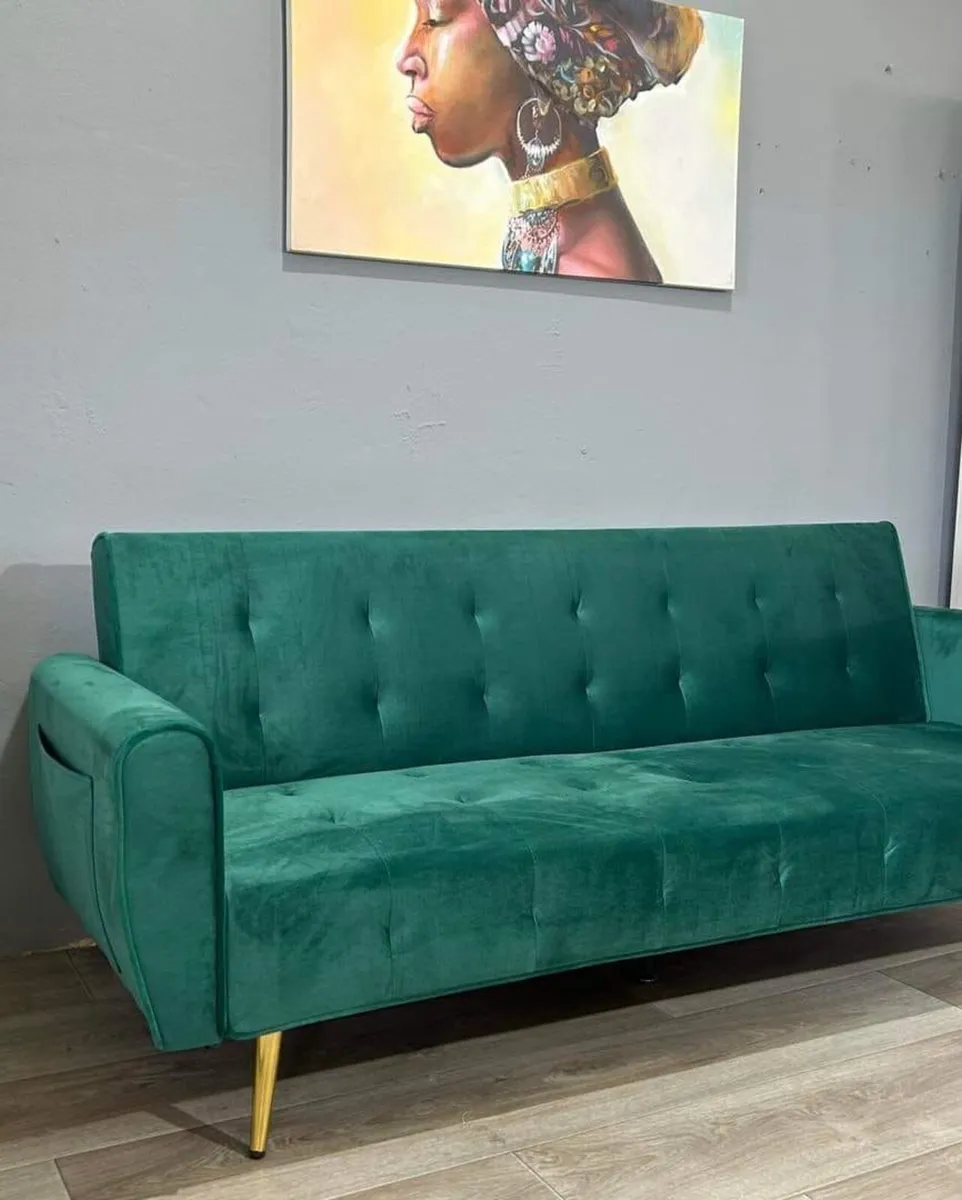 Luxury Velvet Sofa Bed with Golden Legs green - Image 1