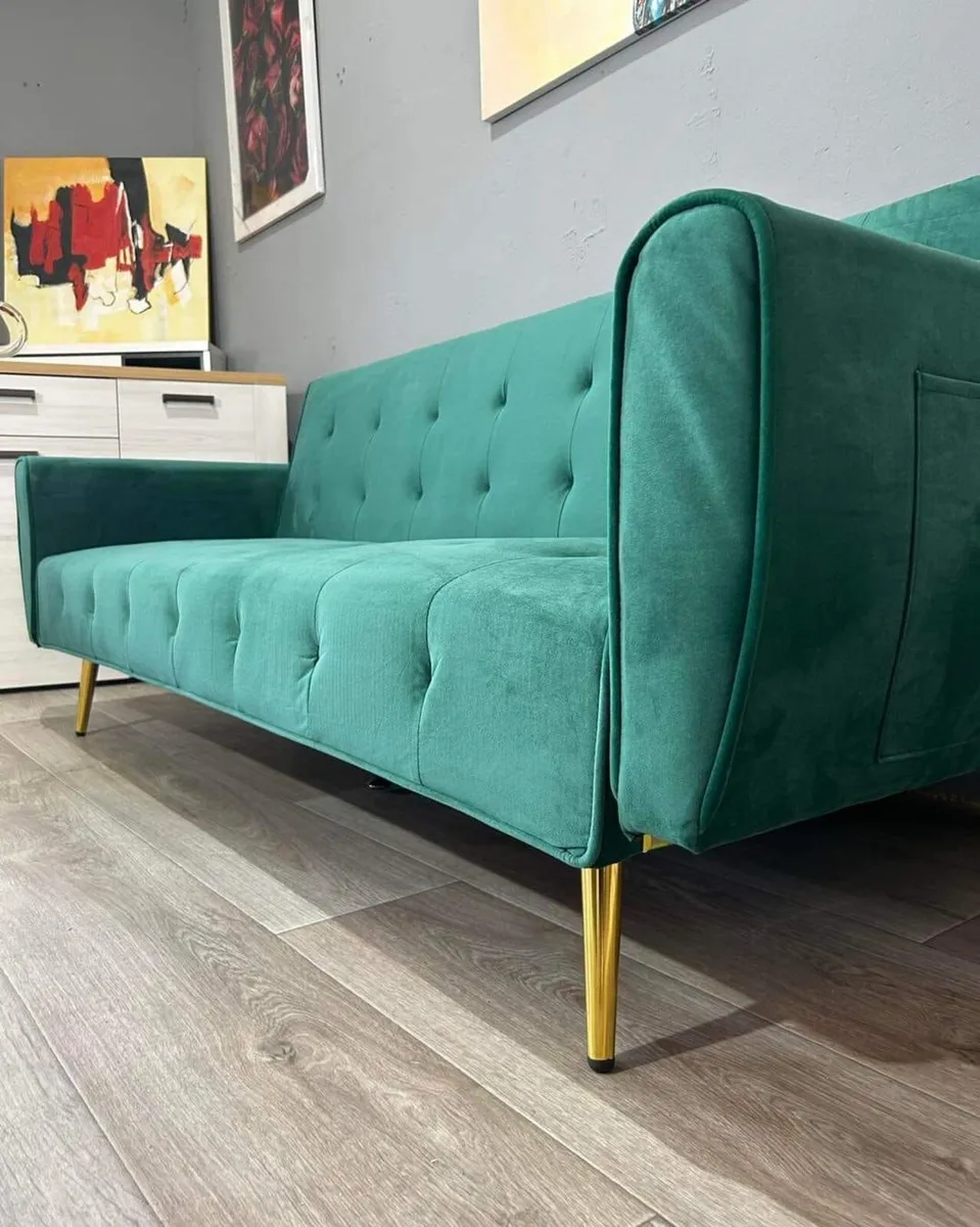 Luxury Velvet Sofa Bed with Golden Legs green - Image 2