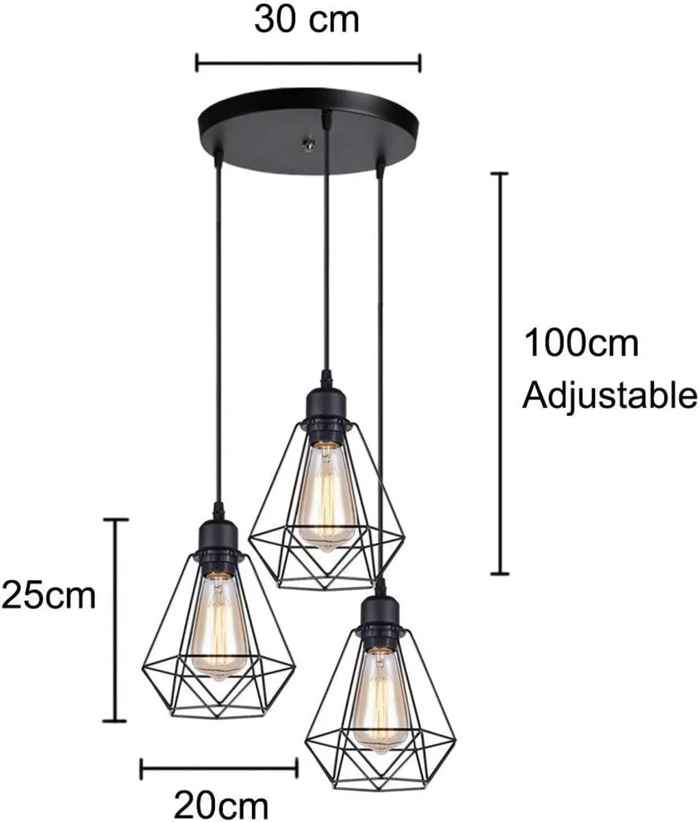 Pendant Light Black Metal Diamond Cage 3 Light - Image 2