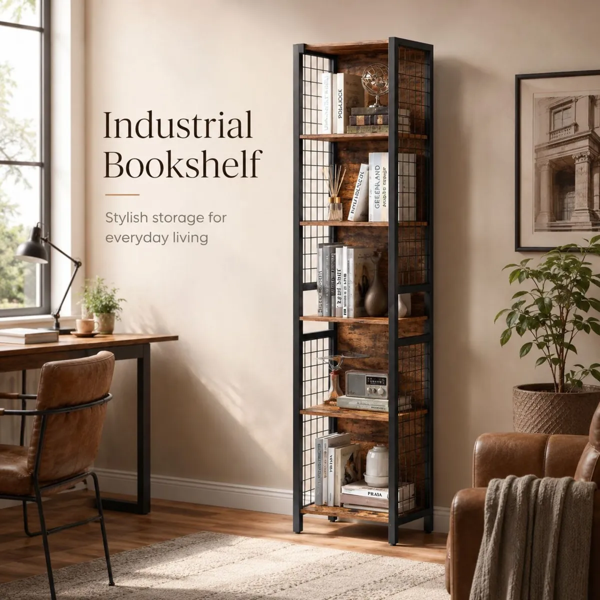 Tall Industrial Bookshelf with 6 Shelves and Hooks - Image 1