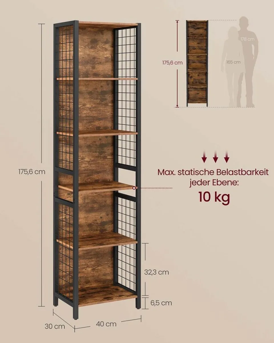 Tall Industrial Bookshelf with 6 Shelves and Hooks - Image 4
