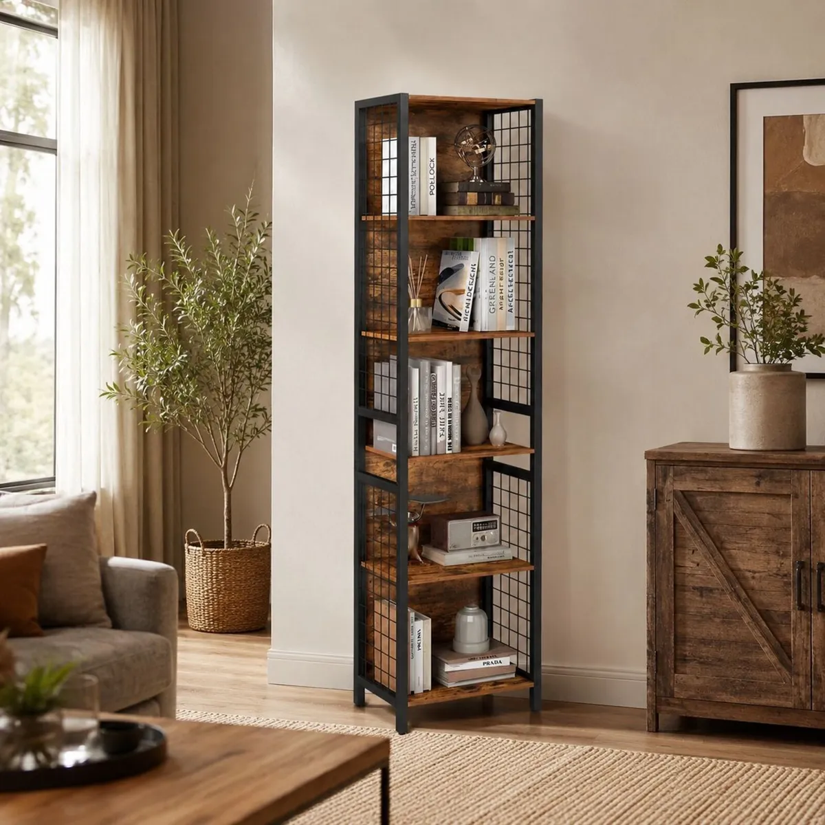 Tall Industrial Bookshelf with 6 Shelves and Hooks - Image 2
