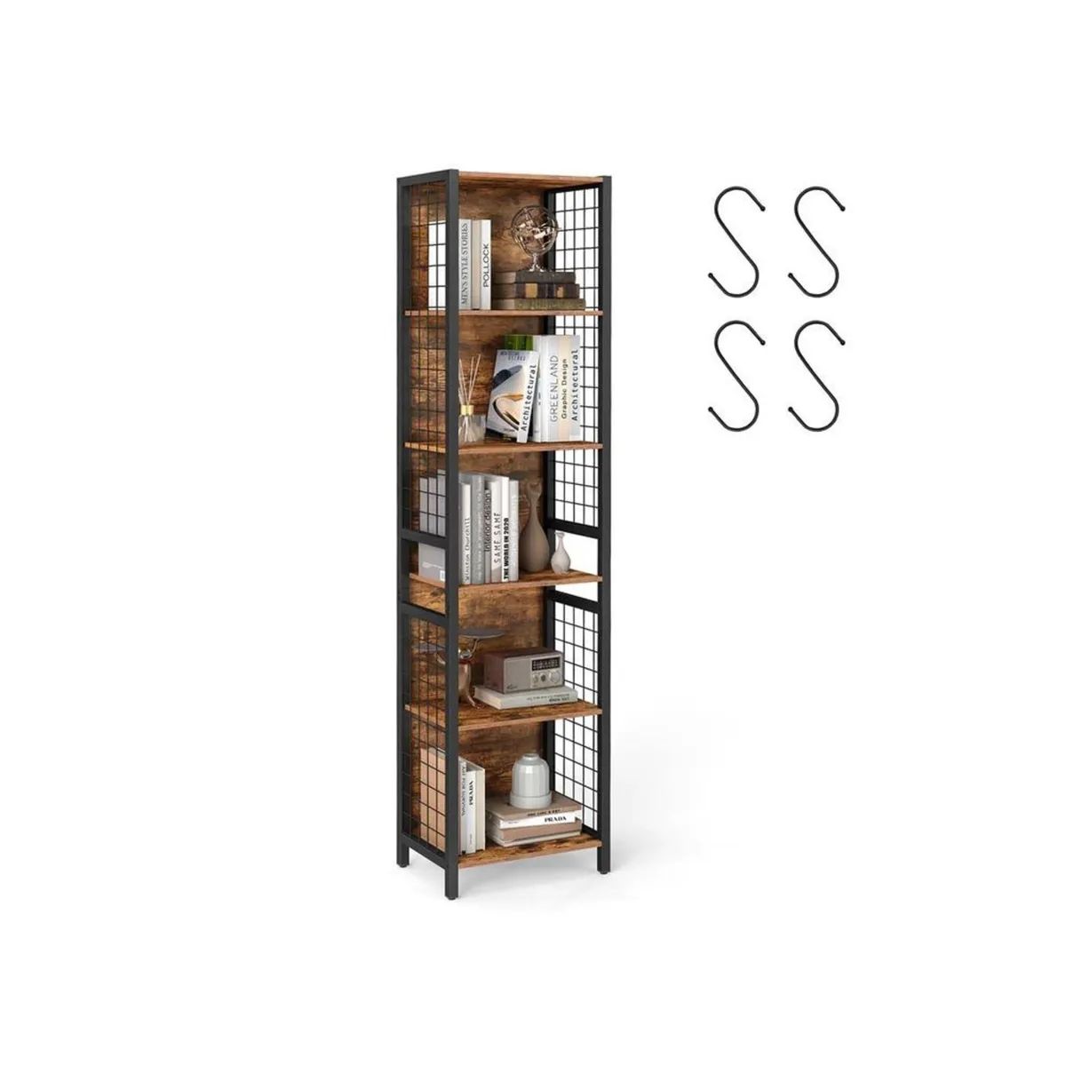 Tall Industrial Bookshelf with 6 Shelves and Hooks - Image 3