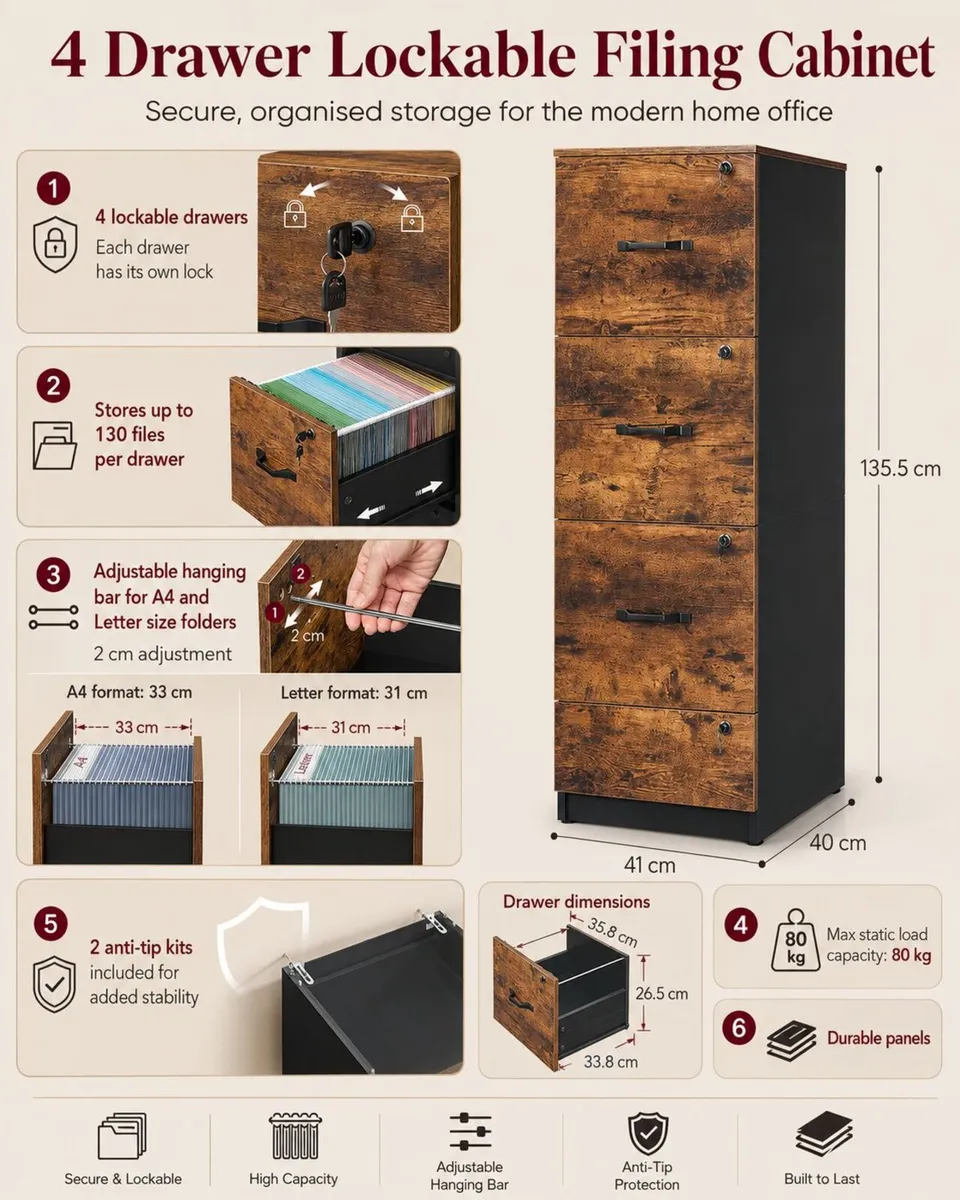4 Drawer Lockable Filing Cabinet for A4 Files - Image 2