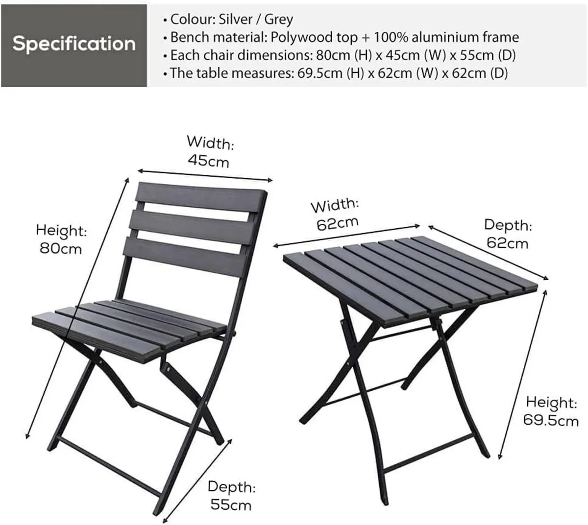 Garden Bistro Set Folding Table Chairs Grey - Image 4