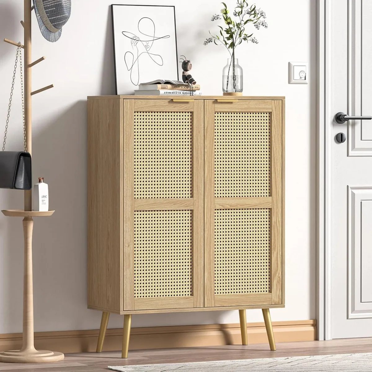 44" H Tall Wood Rattan Cabinet 2 Doors - Image 1