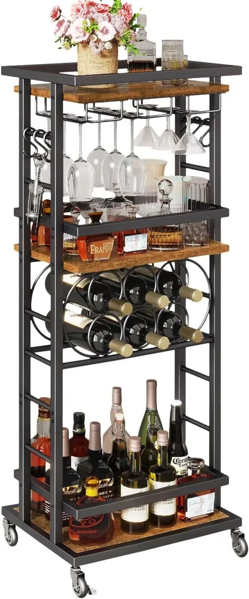 4-Tier Wine Rack with Wheels Bar Cart - Image 1