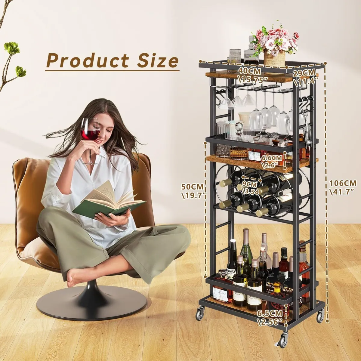 4-Tier Wine Rack with Wheels Bar Cart - Image 3