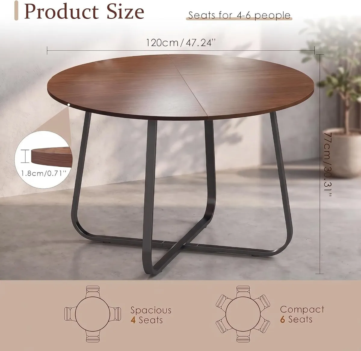 47'' Round Dining Table with Walnut Wood Tabletop - Image 2