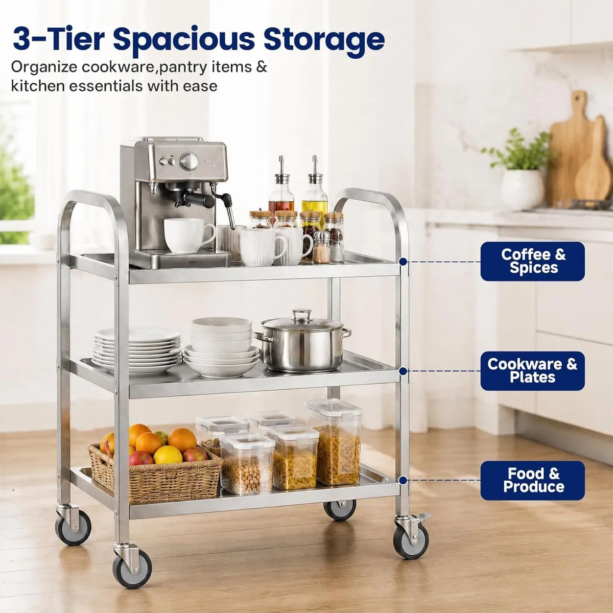 3 Tier Stainless Steel Cart Rolling Catering - Image 2