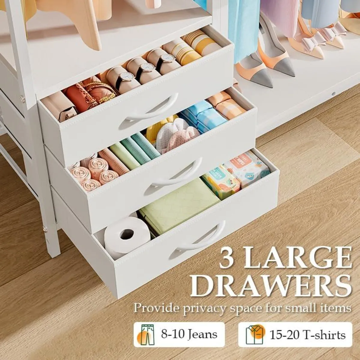 Clothes Rail with 3 Fabric Drawers Storage Shelves - Image 4