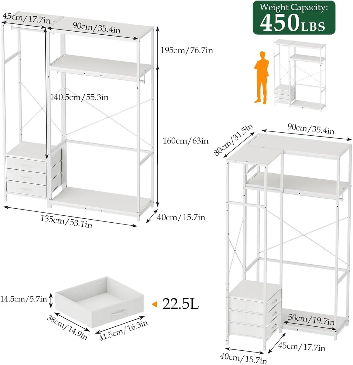 Clothes Rail with 3 Fabric Drawers Storage Shelves - Image 2