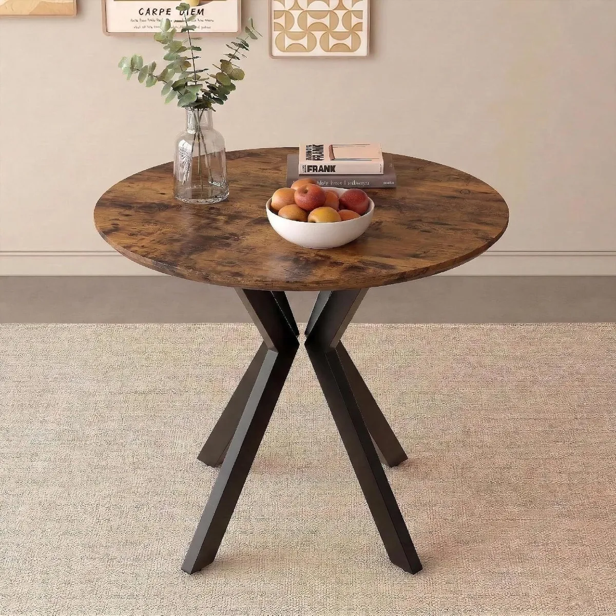 80CM Round Wooden Dining Table with Metal Legs - Image 1