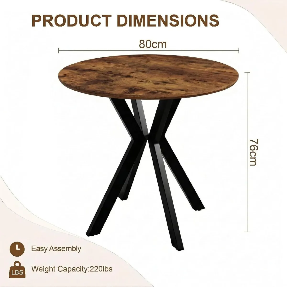 80CM Round Wooden Dining Table with Metal Legs - Image 2