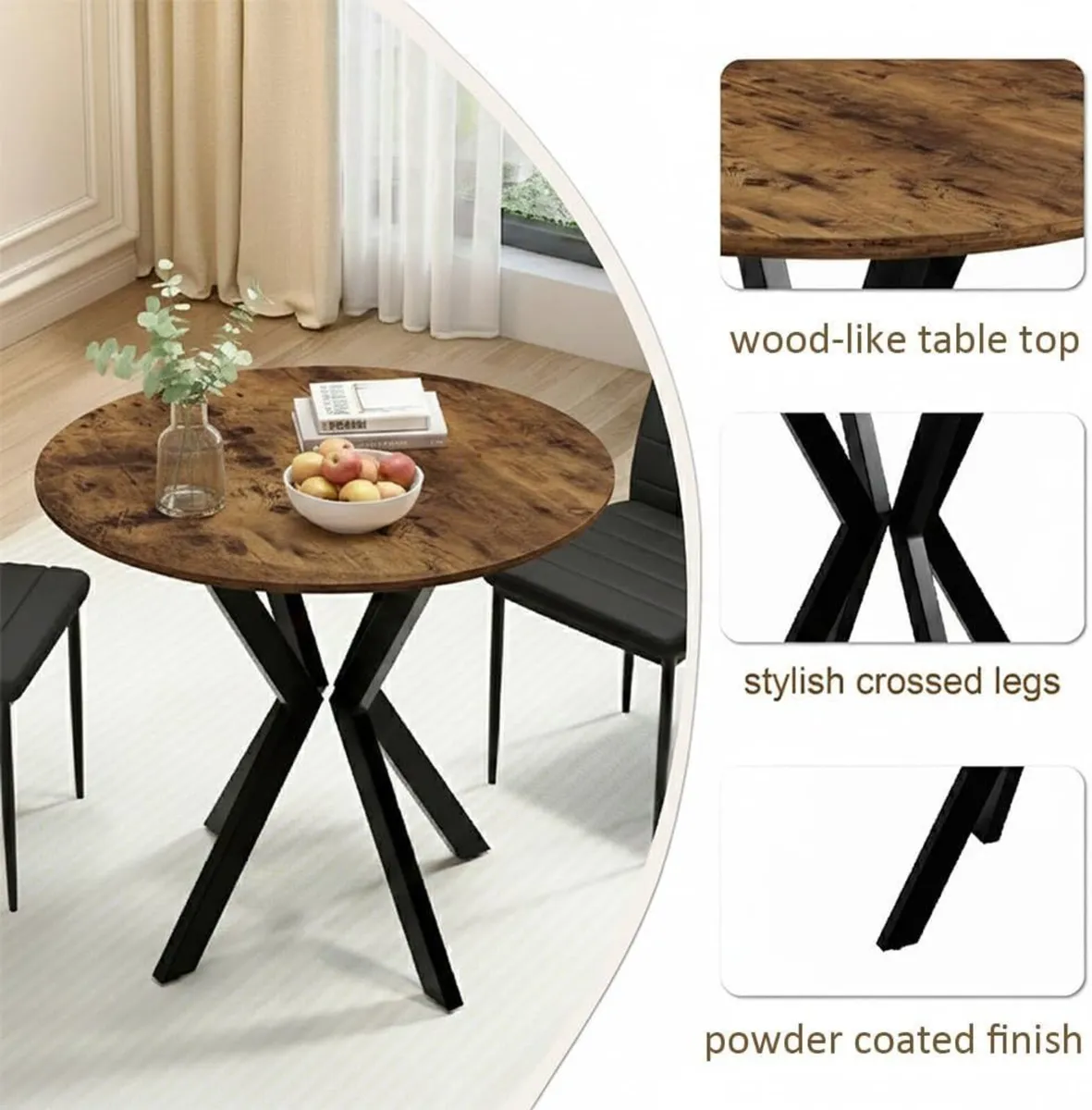 80CM Round Wooden Dining Table with Metal Legs - Image 4