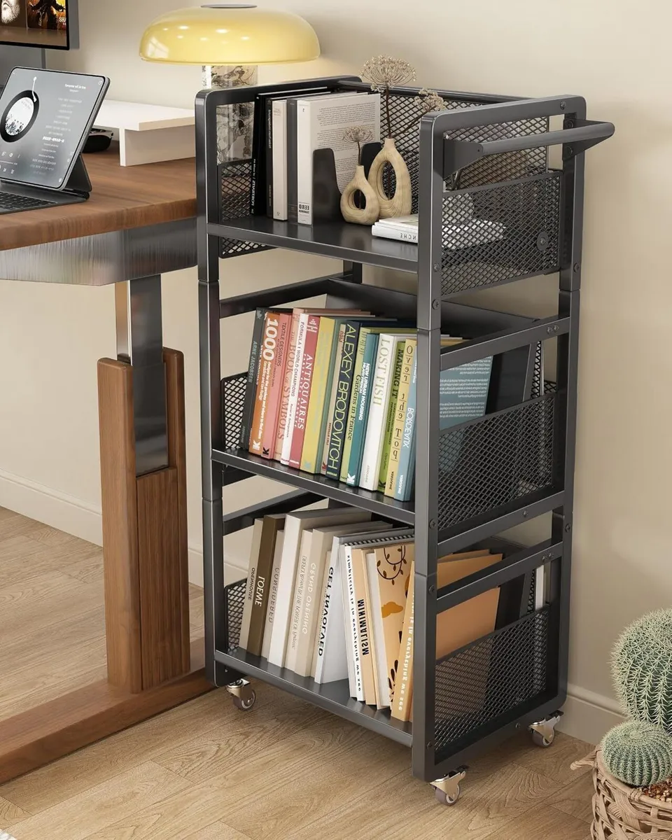Mobile Bookshelf with Wheels Metal 3-Tier Book - Image 1