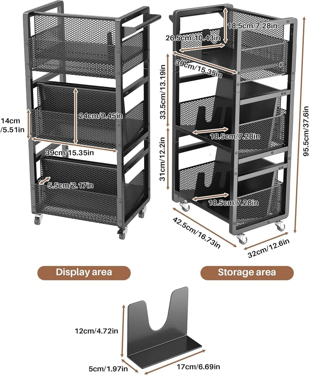 Mobile Bookshelf with Wheels Metal 3-Tier Book - Image 2