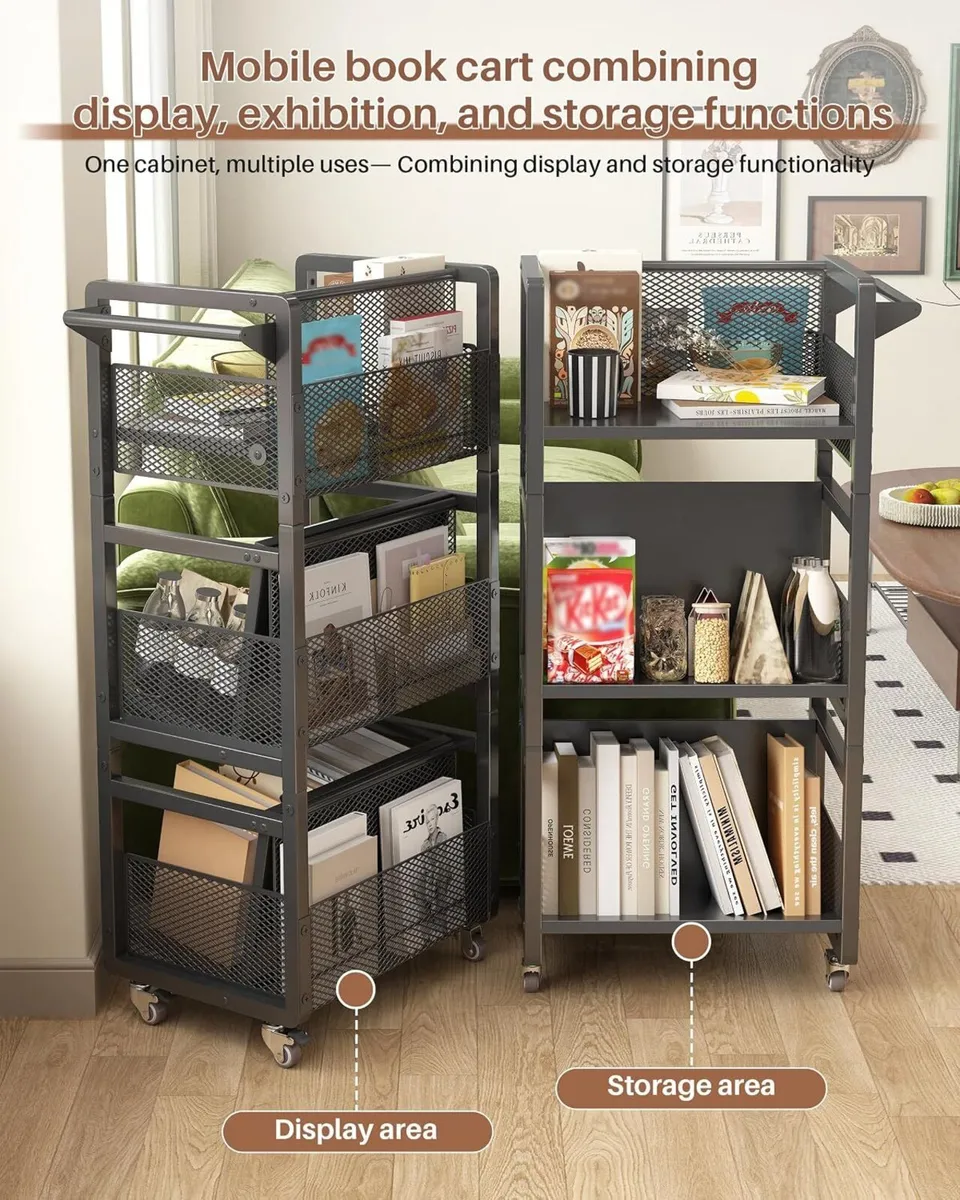 Mobile Bookshelf with Wheels Metal 3-Tier Book - Image 3