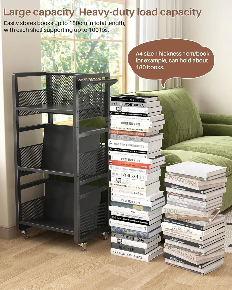 Mobile Bookshelf with Wheels Metal 3-Tier Book - Image 4