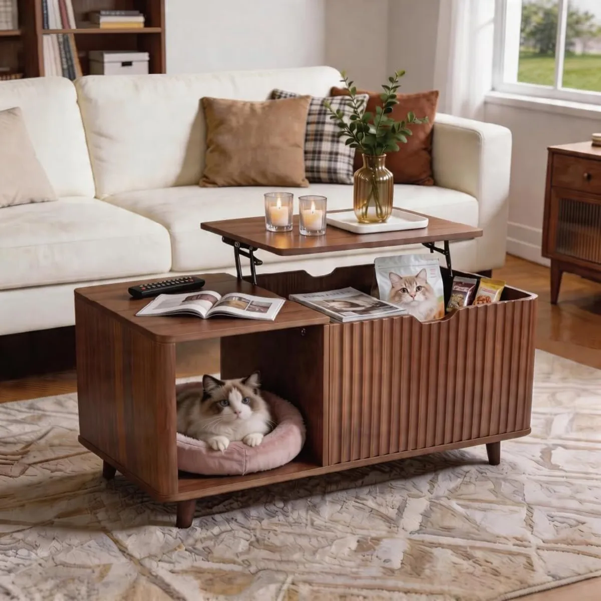 Lift Top Coffee Table Fluted Design Lifting Tea - Image 1
